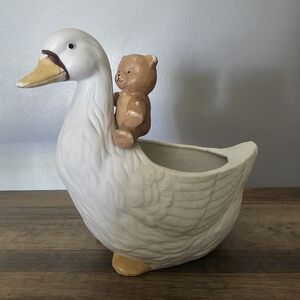 Vintage Ceramic Goose Planter with Bear Figurine